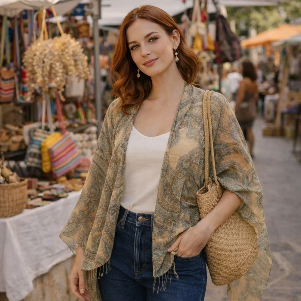Vintage Boho Paisley Shawl Wrap – Sheer Viscose Resort Scarf